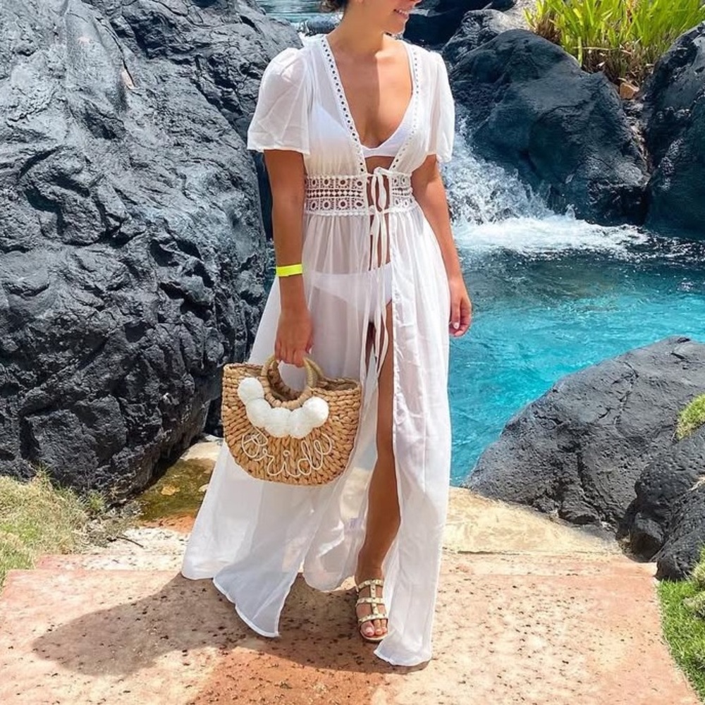 White Maxi Dress Bathing Suit Coverup with Crochet Details